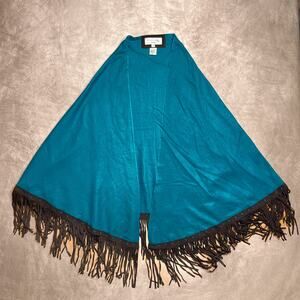 Vintage 90s Tasha Polizzi Blue Pashmina Shawl Goat Suede Fringe Boho Western